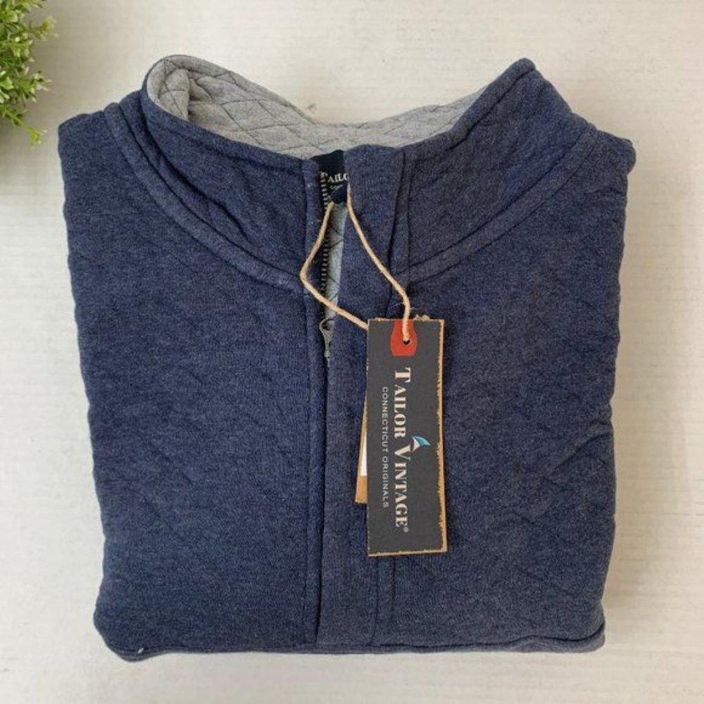 Tailor Vintage Quarter Zip Quilted Knit Pullover Jacket Large 9527509 Navy Blaze